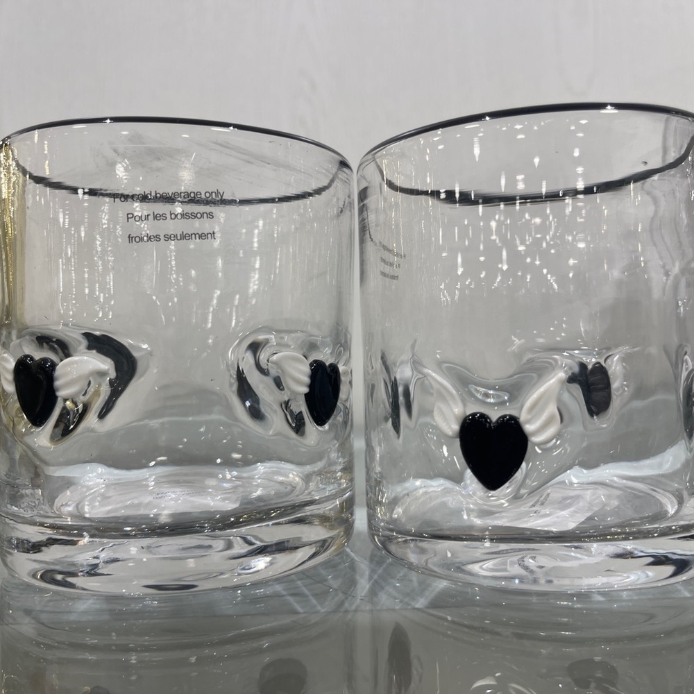 Black Heart with White Wings Lampwork  Double Old Fashioned Glasses set of 2 NWT